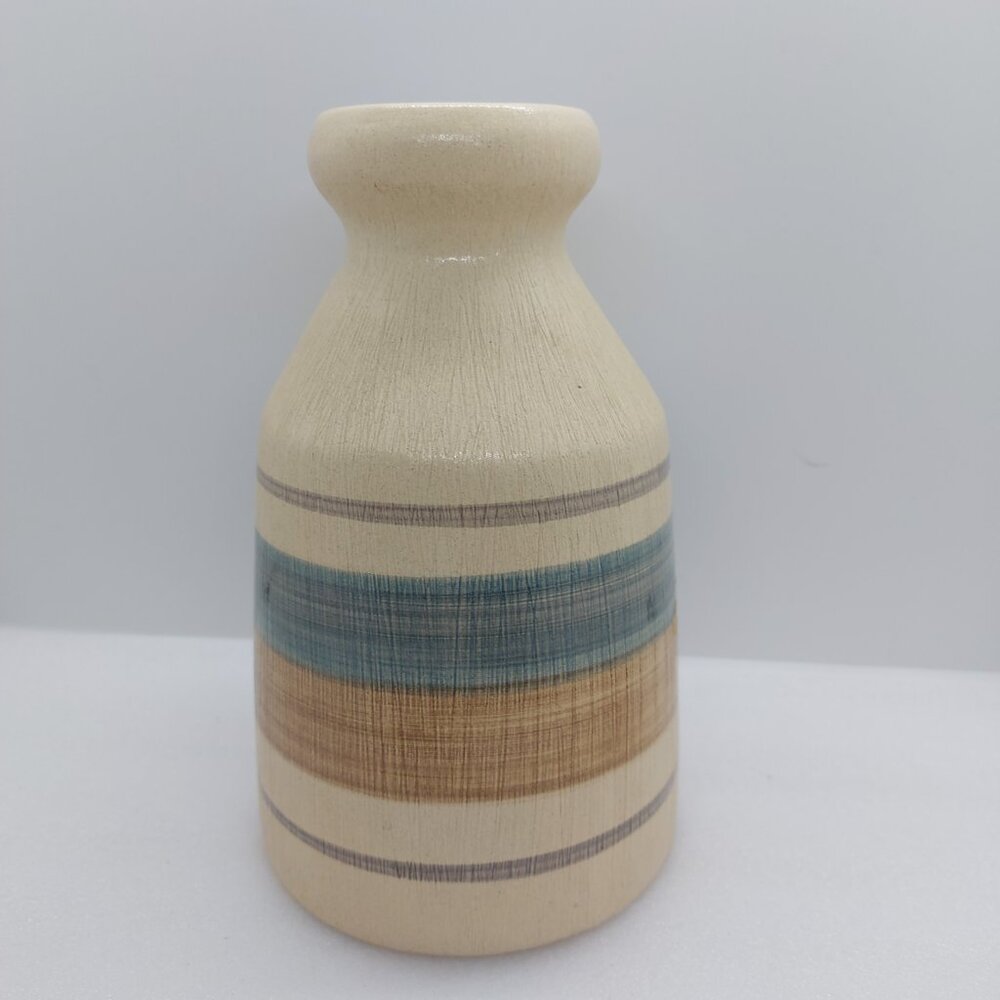 Ceramic 7" Vase Tan Blue & Brown With Scratchy Texture